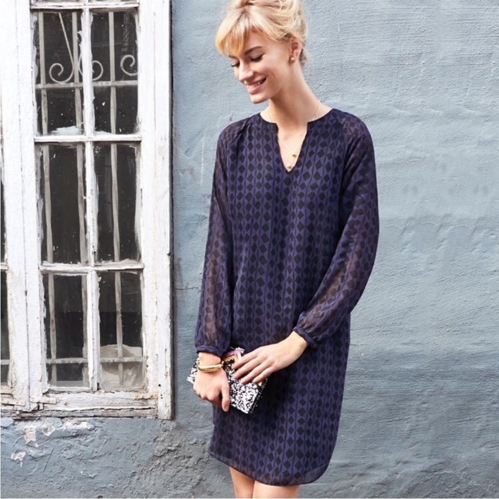 Cabi Blue & Black Harlequin Diamond Long Sleeve Tunic Shift Dress Size XS #30102